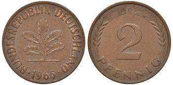 ФРГ 2 пфеннига 1965 D KM 106, J.381 бронза 4174-456