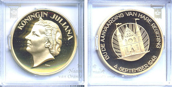 НИДЕРЛАНДЫ МЕДАЛЬ ND 4 СЕНТЯБРЯ 1948 ГОДА НАЧАЛО ПРАВЛЕНИЯ КОРОЛЕВЫ ЮЛИАНЫ бронза, позолота PROOF 5-3-1-80