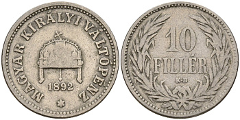 Венгрия 10 филлеров 1892 KB, Франц Иосиф I (1848-1916), редкий год KM 482 никель 4151-1047