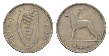 Ирландия 6 пенсов 1947 ирландский волкодав KM 13a медно-никель 4627-819
