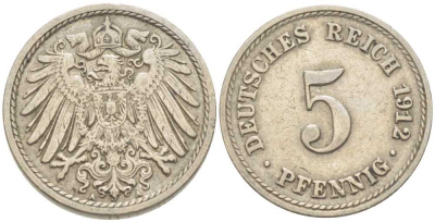 ГЕРМАНИЯ 5 ПФЕННИГОВ 1912 А KM 11, J. 12 медно-никель 206-1231