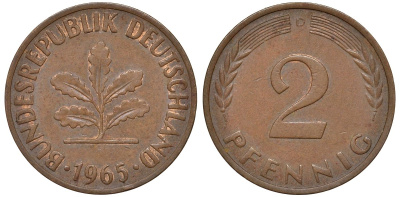 ФРГ 2 пфеннига 1965 D KM 106, J.381 бронза 4174-456