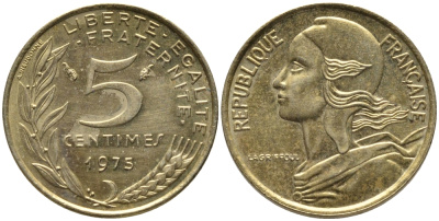 ФРАНЦИЯ 5 САНТИМОВ 1975 ТИП MARIANNE KM 933 медь алюминий никель 99-1116