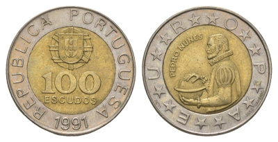 Португалия 100 эскудо 1991 Педру Нуниш (1502-1578), математик KM 645 биметалл aUNC 4626-351