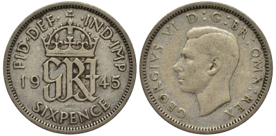 Великобритания 6 пенсов 1945 Георг VI (1936-1952) KM 852, Spink 4084 серебро 4538-555