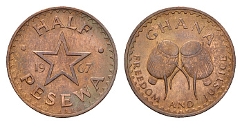 Гана 1/2 пенни 1967 год-тип KM 12 бронза UNC 4649-341