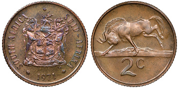 ЮАР 2 цента 1971 герб, антилопа гну KM 83 бронза PROOF 4364-1317