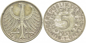ФРГ 5 марок 1951 J (Гамбург), J. 387, KM 112.1 серебро 115-833