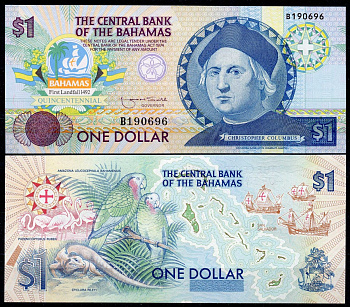 Багамские острова 1 доллар 1974 (1992) 500 лет открытия Америки, Кристофор Колумб Pick 50a бумага UNC (пресс) 451-587-2