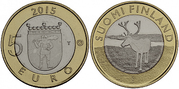 Финляндия 5 евро 2015 животный мир регионов Финляндии, Лапландия, северный олень KM 224 биметалл UNC M16-20