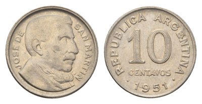 Аргентина 10 сентаво 1951 генерал Хосе де Сан Мартин KM 47 медно-никель 4664-547