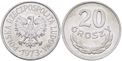 Польша 20 грошей 1973 MW KM А47, Parchimowicz 208m алюминий UNC 201-459