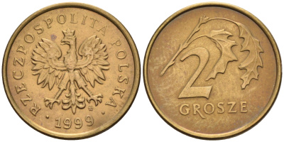 Польша 2 гроша 1999 MW KM 277, Parchimowicz 702f латунь 4136-939