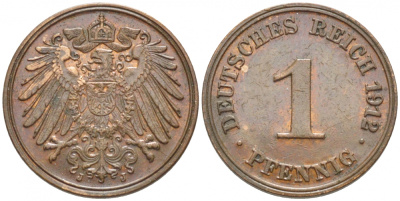 ГЕРМАНИЯ 1 ПФЕННИГ 1912 J KM 10, J.10 медь 105-1232
