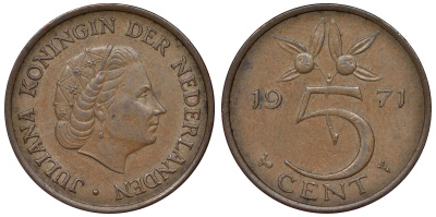Нидерланды 5 центов 1971 Юлиана KM 181 бронза 71-167