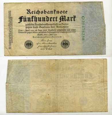 Германия 500 марок 1922 зеленая серия, 8 цифр в номере Pick 74 с  бумага 7146-53-3-2