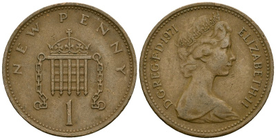 Великобритания 1 пенни 1971 Елизавета II (1952-2022) KM 915, Spink 4237 (B1) бронза 4167-1214