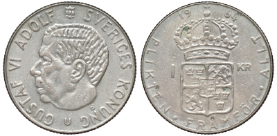 Швеция 1 крона 1964 U, Густав VI Адольф (1950-1973) KM 826 серебро 4178-443