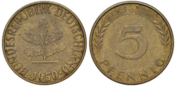 ФРГ 5 пфеннигов 1950 G KM 107, J.382 сталь плакированная латунью 4174-517
