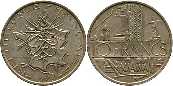 Франция 10 франков 1976 тип Матье KM 940, Le Franc 365.7-8 никель латунь 97-642