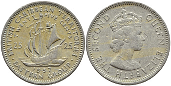 Британские Восточно-Карибские территории 25 центов 1957 Елизавета II (1952-2022), парусник KM 6 медно-никель 76-1034