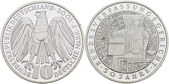 ФРГ 10 марок 2001 F, 50 лет Федерального Конституционного суда Германии KM 206 серебро PROOF 1076-8-13