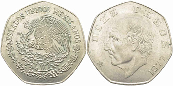 МЕКСИКА 10 ПЕСО 1977 МИГЕЛЬ ХИДАЛЬГО КАСТИЛЬЯ KM 477.1 медно-никель 111-321