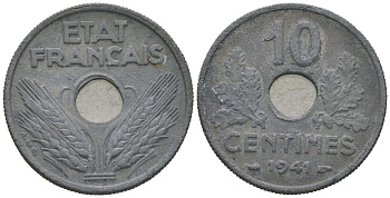 Франция 10 сантимов 1941 KM 898.1, Le Franc 141/2 цинк 4584-954