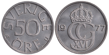 Швеция 50 эре 1977 U Карл XVI Густав (1973- ) KM 855 медно-никель UNC 72-431