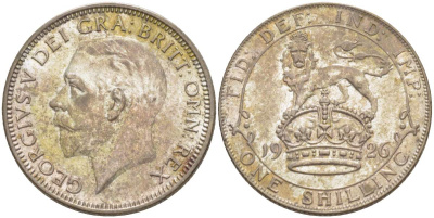 Великобритания 1 шиллинг 1926 Георг V (1910-1936), новая модификация, продолговатый жемчуг KM 829, Spink 4033 серебро UNC 413-3845