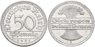 Германия 50 пфеннигов 1921 A KM 27, J.301, Weege 10 алюминий UNC 4584-814