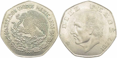 МЕКСИКА 10 ПЕСО 1977 МИГЕЛЬ ХИДАЛЬГО КАСТИЛЬЯ KM 477.1 медно-никель 111-321
