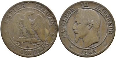 Франция 10 сантимов 1863 BB, Наполеон III (1852-1870) KM 798.2, Le Franc 134.9 бронза 4389-1026