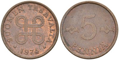ФИНЛЯНДИЯ 5 ПЕННИ 1974 KM 45 медь 4549-1127