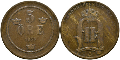 Швеция 5 эре 1879 Оскар II (1872-1907) король Швеции и Норвегии KM 736 бронза 4364-2831