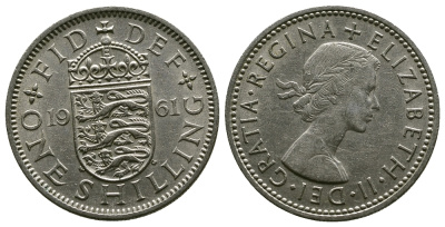Великобритания 1 шиллинг 1961 Елизавета II (1952-2022), Английский герб KM 904, Spink 4147 медно-никель 4384-425