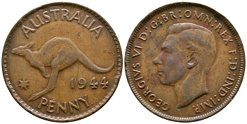 АВСТРАЛИЯ 1 ПЕННИ 1944 p, ГЕОРГ VI (1936-1952), КЕНГУРУ KM 36 бронза 4379-141