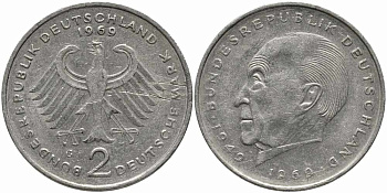 ФРГ 2 МАРКИ 1969 G, КОНРАД АДЕНАУЭР KM 124, J. 406 медно-никель плакированный никелем 113-141