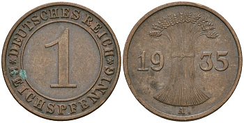 Германия 1 рейхспфенниг 1935 A KM 37, J. 313 бронза 4528-416