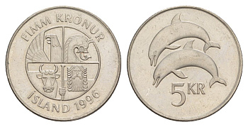 Исландия 5 крон 1996 дельфины KM 28a сталь плакированная никелем UNC 4635-132