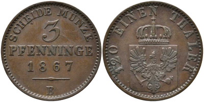 ПРУССИЯ 3 ПФЕННИГА 1867 В, ВИЛЬГЕЛЬМ I (1861-1888) KM 482 медь 4448-1135