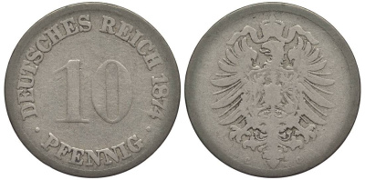 ГЕРМАНИЯ 10 ПФЕННИГОВ 1874 C, СТАРОГЕРБОВКА KM 4, Jager 4, Weege 7 медно-никель 4546-1113