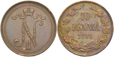 РОССИЯ ДЛЯ ФИНЛЯНДИИ 10 ПЕННИ 1916 Биткин 439 медь 51-1534
