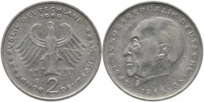 ФРГ 2 МАРКИ 1969 G, КОНРАД АДЕНАУЭР KM 124, J. 406 медно-никель плакированный никелем 113-141