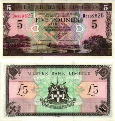 Северная Ирландия 5 фунтов 2001 1 января 2001 Pick 335с бумага UNC (пресс) 000-00-00