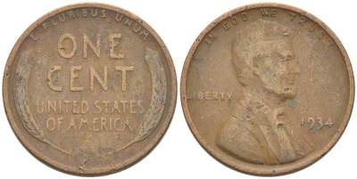 США 1 ЦЕНТ 1934 ЛИНКОЛЬН KM 132 бронза 3309-426