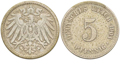 ГЕРМАНИЯ 5 ПФЕННИГОВ 1901 A KM 11, J. 12, Weege 6 медно-никель 206-931