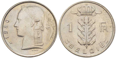 БЕЛЬГИЯ 1 ФРАНК 1980 BELGIE, БОДУЭН I (1951-1993) KM 143.1 медно-никель 202-1122