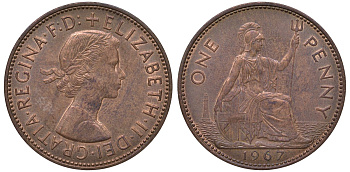 Великобритания 1 пенни 1967 Елизавета II (1952-2022) KM 897, Spink 4157 бронза 4131-515