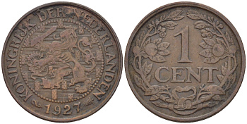 НИДЕРЛАНДЫ 1 ЦЕНТ 1927 ВИЛЬГЕЛЬМИНА (1890-1948) KM 152 бронза 100-1012
